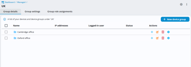 Device group details screen in 247connect showing two groups under UK: Cambridge office and Oxford office. Each row displays name, IP addresses, logged-in user, status and action icons for add, edit, delete and settings. A New device group button appears in the top right.